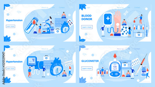Hypotension and hypertension disease vector. Increased blood pressure and diseases of the cardiovascular system. Blood donor tiny people character. Glucometer for measuring sugar level