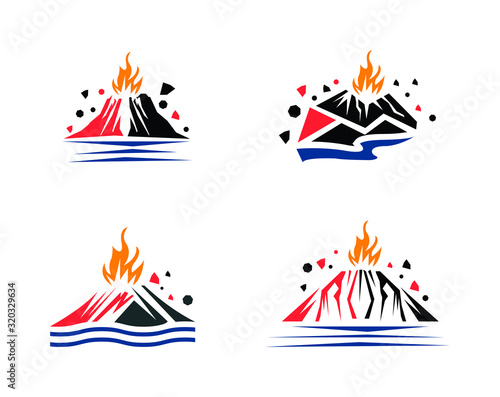 Volcano eruption with fire and Water Lake vector illustration, falling down small stones. Colorful theme with white background.