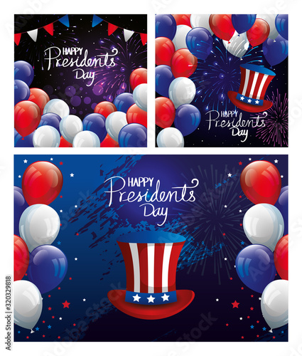 set poster of happy presidents day with decoration vector illustration design