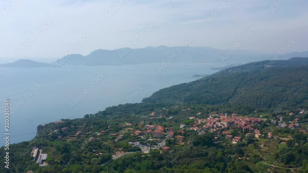 Slow descending aerial shot over the italian riviera and resorts of LaSpezia gulf Slow descending aerial shot over the italian riviera and resorts of LaSpezia gulf