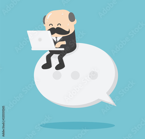 Concept cartoon illustration big boss business man sitting on a text symbol working on a laptop