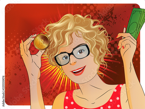 Modern design concept of cryptocurrency technology, bitcoin exchange, mobile banking. Woman holding bitcoin and WITH MONEY, showing profit. Elements are layers separately in vector file. 