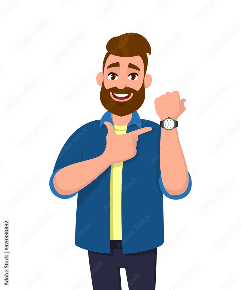 Young bearded man pointing or showing time on his wrist watch. Male character design illustration. Trendy person standing isolated in white background. Modern lifestyle, concept in vector cartoon.