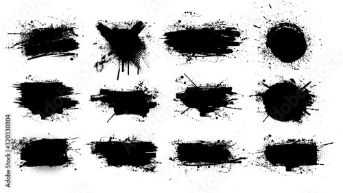 Paint brush stains, ink splashes, strokes and blots of different shapes for frame, banner, label, text box, clipping masks or other art design. Vector grunge texture isolated  on white background.