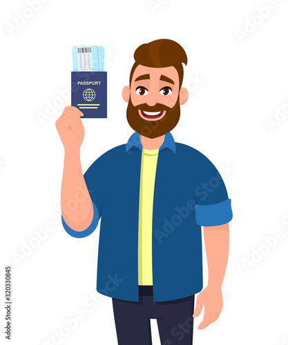 Young bearded man holding a passport with tickets. Trendy person showing boarding pass. Male character design illustration. Modern lifestyle, latest trend, travelling concept in vector cartoon style.
