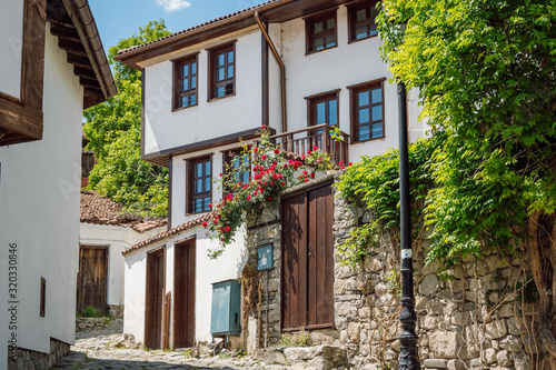 House with typical architecture of the old town of Plovdiv and Rose bush with red climbing roses. Plovdiv  Bulgaria.