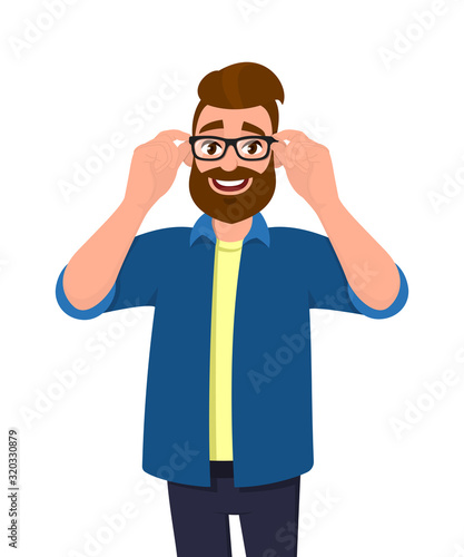 Portrait of young bearded man holding or adjusting the eye glasses with hands. Trendy person wearing spectacles. Male character design illustration. Modern lifestyle, concept in vector cartoon style.