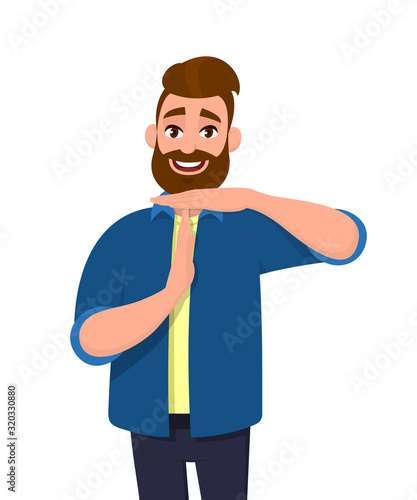 Portrait of young bearded man showing time out hand gesture. Trendy person making stop sign with hands. Male character graphic design illustration. Modern lifestyle, concept in vector cartoon style.