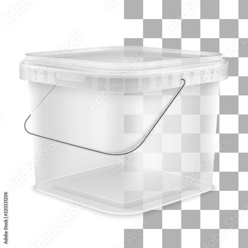 Vector transparent square empty plastic bucket with lowered metallic handle. Front view from the corner.