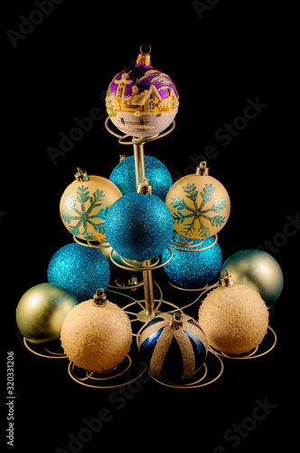 blue christmas balls on Black background