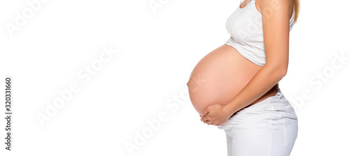 Beautiful pregnant young woman caring her belly.