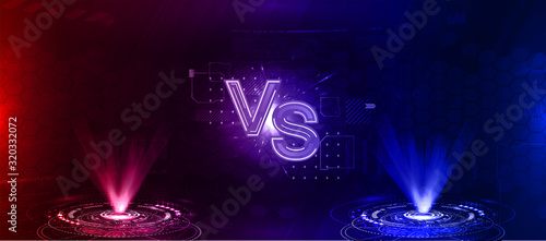 Futuristic Versus battle. Two holograms of red and blue on a futuristic background with HUD elements. VS image blank. Vector illustration versus 