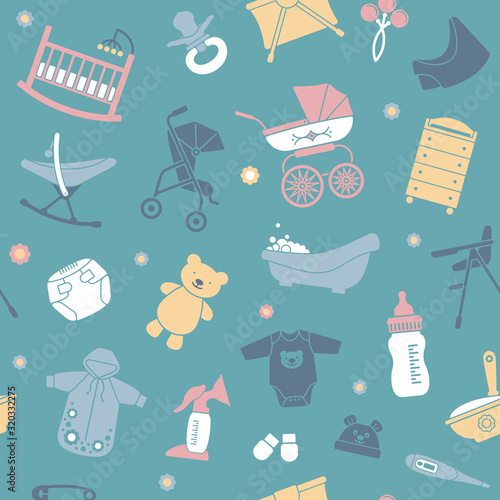 Seamless background with flat baby care symbols