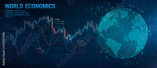 Earth globe with charts and graphics. Modern World Economic concept. Abstract finance background. Financial investment and world business. Vector illustration