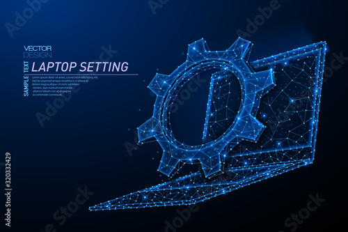 Abstract polygonal light design of laptop with cog gears