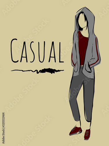 Faceless unisex young person in casual grey hoodie and sweat pants