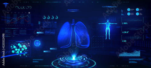 Modern medical examination in the style of HUD. Hologram of human lungs with data, charts and infographics. Futuristic Healthcare illustration. 3D lungs. Vector illustration