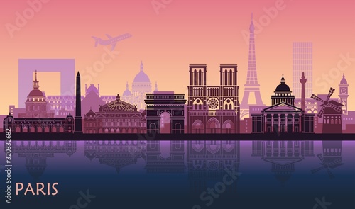 Stylized landscape of Paris with Eiffel tower, arc de Triomphe and Notre Dame Cathedral and other attractions