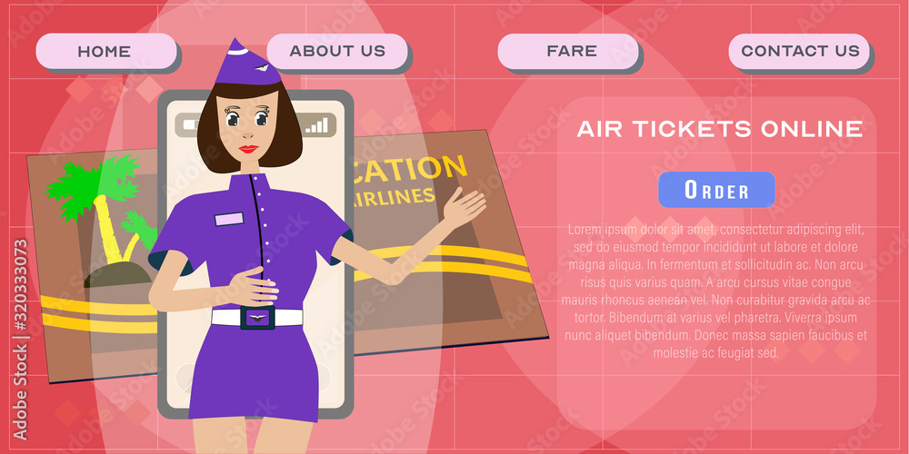 Air tickets online site template. Passenger aviation transport services header poster design. Vector illustration of airlines travel avia flights