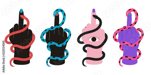 Vector illustration set with biting snakes and human hands.