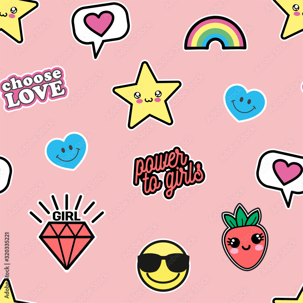 Vector illustration of seamless texture with cute kawaii patches drawn in anime style isolated on pink background. Star, comics cloud with heart, berry, lettering choose love, power to girls, smileys