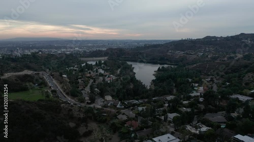 Aerial shot of Lake Hollywood during twilight hour. 4K