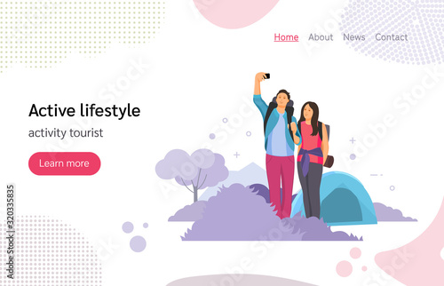 Tourists people group man and woman couple tourists traveling with camera take a joint selfie in camping equipment process of hiking cartoon. Vector illustration landing page