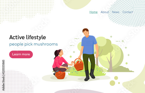 Tourists people group man and woman couple picks mushrooms in the forest. Young couple people having activity rest in forest. Leisure, hobby, active lifestyle concept. Vector illustration landing page