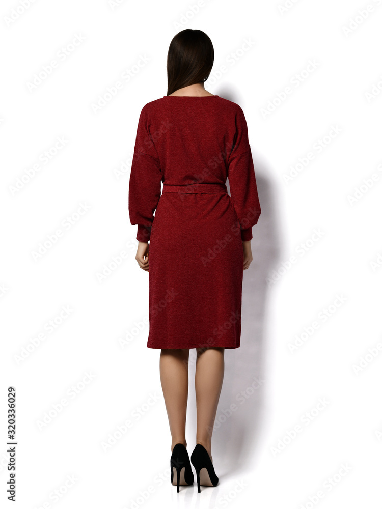 Young beautiful brunette woman with long hair in business stylish red dress and black shoes standing backwards Young beautiful brunette woman with long hair in business stylish red dress and black shoes standing backwards
