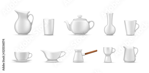 Empty white ceramic, porcelain tableware set. Realistic beverage ceramic crockery tea coffee cups, jug for milk, decanter, cup for cream, teapot, coffee turk, glass for alcoholic beverages vector