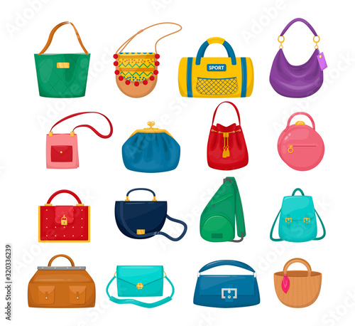 Women's fashion bags set. Lady accessories vintage bag clutch, hobo, tablet, hippie, sling bag, sports, backpack for shopping, resting, travel vector flat illustration