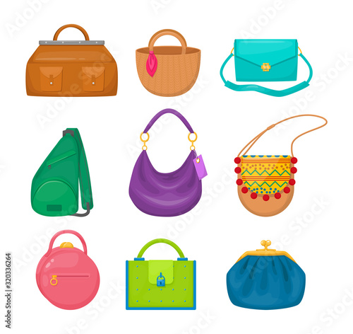Women's fashion bags set. Lady accessories vintage bag clutch, hobo, tablet, hippie, sling bag, sports, backpack for shopping, resting, travel vector flat illustration