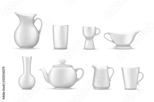 Empty white ceramic, porcelain tableware set. Realistic beverage ceramic crockery tea coffee cups, jug for milk, decanter, cup for cream, teapot, coffee turk, glass for alcoholic beverages vector