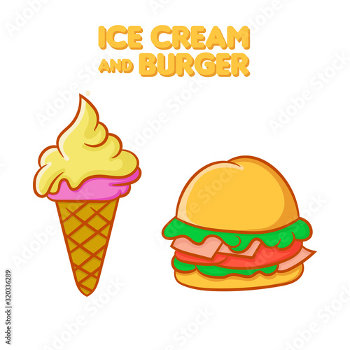 Vector illustration of a delicious ice cream and burger. Fast food in cartoon hand drawn style with bright colors graphic resources