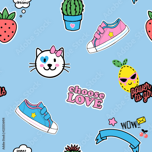 Vector illustration of seamless pattern with cute patches for girls, texture for fabric, fashion design, paper, cards, kawaii kitty in anime style, cartoon shoes, lettering choose love, power to girls