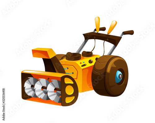 Winter snow removal. Snow blower cleaning snow after a snowfall. The vehicle, transportation to remove snow on white background isolated vector illustration