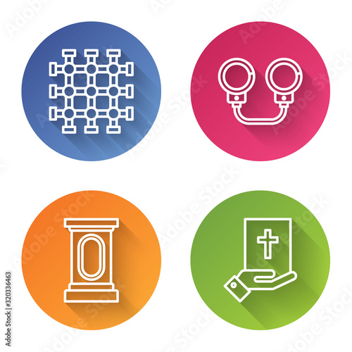 Set line Prison window, Handcuffs, Stage stand or debate podium rostrum and Oath on the Holy Bible. Color circle button. Vector