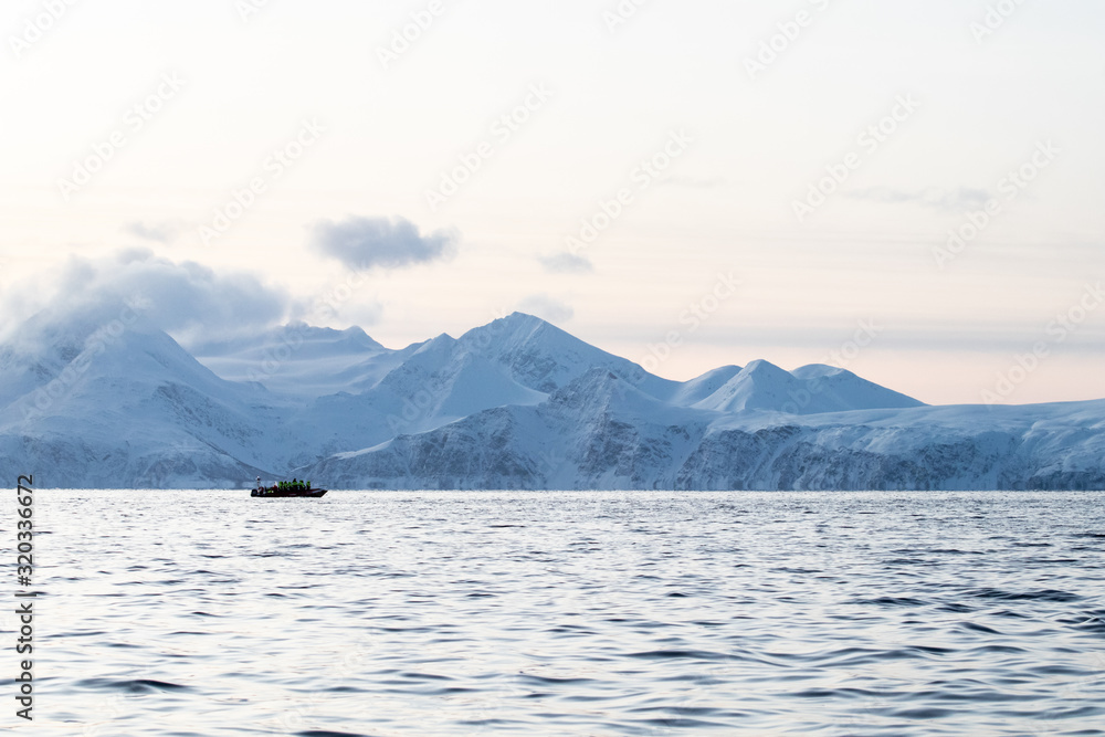 Obraz premium rib boat in the Arctic polar sea for excursions and whale and cetacean observation. Whale watching in the arctic in northern europe. Zodiac inflatable boat on the North Sea