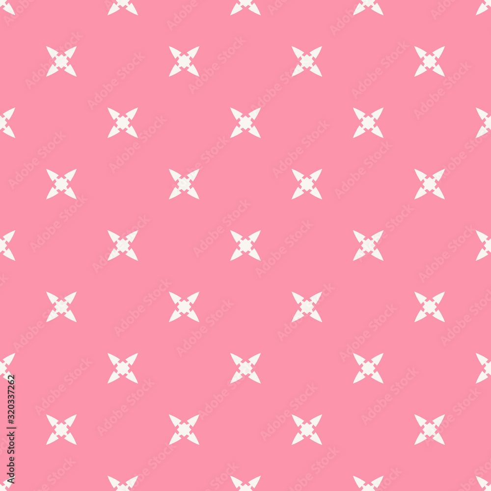 Vector abstract minimalist floral seamless pattern. Simple pink and white geometric background with small flowers, crosses. Subtle minimal ornament texture. Cute colorful repeated decorative design Vector abstract minimalist floral seamless pattern. Simple pink and white geometric background with small flowers, crosses. Subtle minimal ornament texture. Cute colorful repeated decorative design