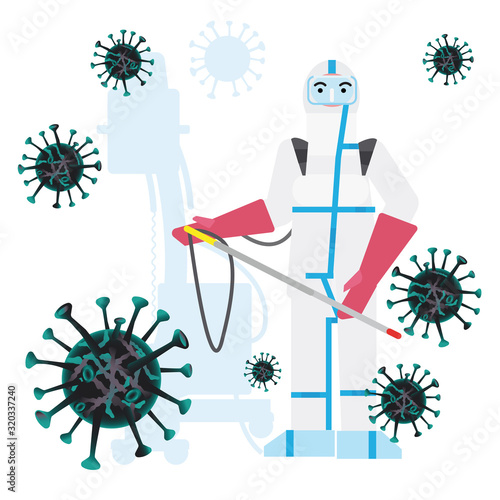 Protective coveralls against viruses and radioactive dust. Protection against coronavirus illustration. Safety during bacterial disinfection
