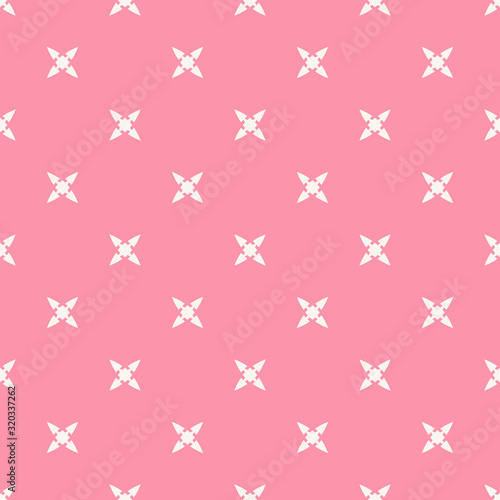 Vector abstract minimalist floral seamless pattern. Simple pink and white geometric background with small flowers  crosses. Subtle minimal ornament texture. Cute colorful repeated decorative design 