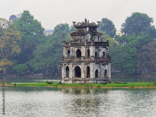 View of the Tourist Tower in the Hoan Kiem Lake in Hanoi, Vietnam