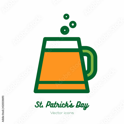 Saint Patricks day beer glass, pint mug, tankard vector icon. Orange green line art flat icon for logo, sign, button. Minimalist st Patricks day menu, flyer, poster. Isolated Patrick beer drinkware.