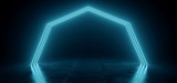 Neon Glowing Laser Arc Blue Pantone Shape Light In Dark Garage Underground Stage Studio Concrete Grunge reflective Cyber 3D Rendering