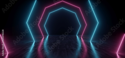 Neon Glowing Laser Arc Blue Purple Pantone Shape Light In Dark Garage Underground Stage Studio Concrete Grunge reflective Cyber 3D Rendering