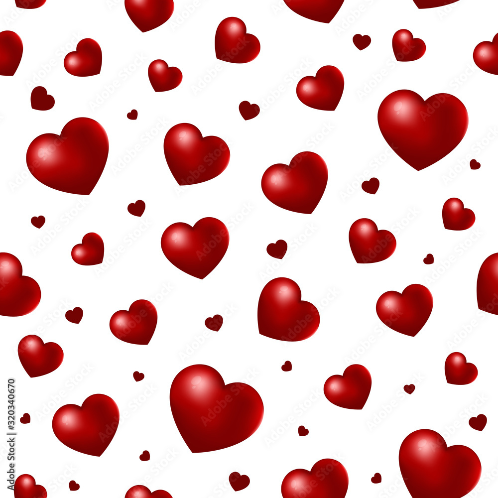 Seamless pattern of many red hearts on a white background