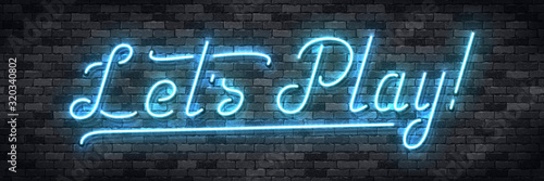 Vector realistic isolated neon sign of Let's Play typography logo for template decoration and covering on the wall background. Concept of gaming.