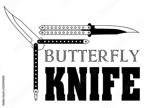 Two black and white open butterfly knives