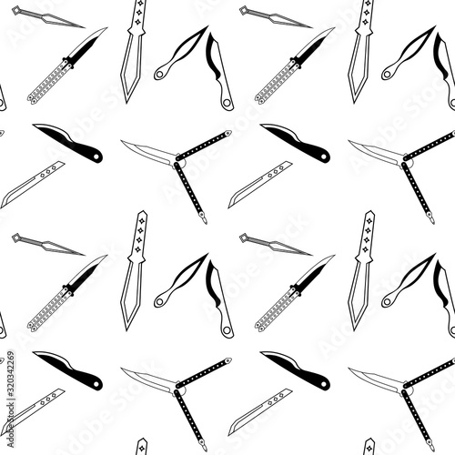 Monochrome seamless pattern with throwing knives and butterfly knives