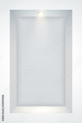 Vertical White wall niche with spotlight. Recess in a colored wall in square shaped with point light. Editable Background Vector illustration.